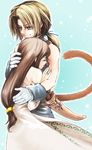  1girl aqua_background brown_hair co-ro final_fantasy final_fantasy_ix garnet_til_alexandros_xvii hug long_hair low-tied_long_hair spoilers zidane_tribal 