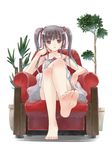  armchair barefoot black_eyes black_hair chair chin_rest crossed_legs dress feet hair_ribbon kakuno legs nail_polish off_shoulder original panties pantyshot plant pov_feet ribbon sitting soles solo strap_slip sundress twintails underwear 