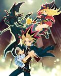  2boys armlet bare_shoulders belt black_hair blonde_hair blush boots dark_magician dark_magician_girl duel_disk duel_monster hat long_hair loose_belt multiple_boys mutou_yuugi red_hair skirt staff wizard_hat yuu-gi-ou yuu-gi-ou_duel_monsters yuuko_(elmo) 