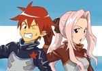  1girl black_bodysuit blue_eyes bodysuit clenched_teeth darry_adai gimmy grey_bodysuit hair_grab lowres military military_uniform nns_(sobchan) open_mouth pink_hair red_bodysuit red_hair short_hair sweatdrop teeth tengen_toppa_gurren_lagann two-tone_background uniform upper_body 