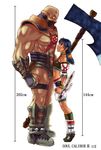  1girl arm_guards artist_request astaroth_(soulcalibur) axe bald blue_hair copyright_name detached_sleeves eye_contact halterneck height_chart height_difference huge_weapon leg_warmers lineup looking_at_another looking_down looking_up mask midriff muscle no_pupils shorts simple_background soulcalibur strapless talim tiptoes tonfa tubetop weapon 