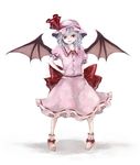 bat_wings belt buttons closed_mouth dress expressionless pink_dress red_eyes remilia_scarlet shippori short_hair silver_hair simple_background solo spikes standing touhou vampire white_background wings 