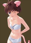  animal_ears antenna_hair cat_ears idolmaster idolmaster_(classic) idolmaster_1 kikuchi_makoto navel nekopuchi one_eye_closed shorts solo tail 