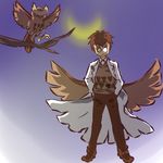  bird brown_hair coat costume crescent_moon gen_2_pokemon glasses hitec male_focus moemon moon noctowl owl personification pokemon pokemon_(creature) simple_background standing wings 