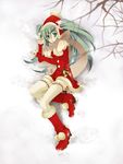  bare_shoulders bell blush boots christmas copyright_request detached_sleeves green_eyes green_hair hat long_hair santa_costume snow solo thighhighs twintails yuuko_(elmo) 