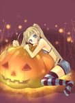  bad_id bad_pixiv_id blonde_hair blue_eyes jack-o'-lantern long_hair mato_(chirol) original pumpkin solo striped striped_legwear thighhighs 