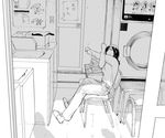  cat chair full_body greyscale indoors io monochrome original scenery sitting slippers solo stretch washing_machine yawning 