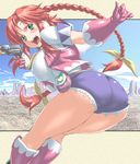  1girl ass braid braids breasts cow_girl cowgirl gloves green_eyes gun rebecca_streisand red_hair redhead weapon 