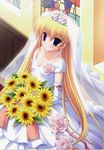  absurdres blonde_hair bridal_veil bride crown dress flower heterochromia highres hoshiful hoshikawa_ruka ikegami_akane jewelry long_hair necklace solo train_(clothing) twintails veil very_long_hair wedding_dress 