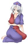  blue_eyes breast_hold breasts cleavage hat large_breasts long_hair mitsuki_(toriaezu) sitting solo touhou white_hair yagokoro_eirin 