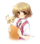  blonde_hair blush brown_eyes hair_ornament hidamari_sketch lowres munyuu notebook school_uniform short_hair solo x_hair_ornament yuno 