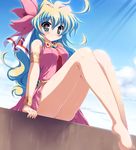  1girl armlet artist_request barefoot blush bracelet cloud_hair dress feet flower hair_flower hair_ornament jewelry legs long_hair multicolored_hair nia_teppelin no_panties pink_skirt sitting skirt sleeveless solo tengen_toppa_gurren_lagann 