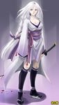  artist_request blood braid breasts cleavage japanese_clothes large_breasts long_hair omc purple_eyes sandals solo sword thighhighs very_long_hair weapon white_hair 