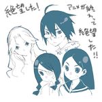  3girls bandage_over_one_eye bandages bangs blue highres itoshiki_nozomu kimura_kaere kitsu_chiri kobushi_abiru monochrome multiple_girls parted_bangs sayonara_zetsubou_sensei sketch translated yasu 