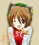  animal_ears bad_id bad_pixiv_id blush brown_hair cat_ears character_name chen earrings hat jewelry kaguyahime one_eye_closed open_mouth paw_pose ribbon short_hair single_earring smile solo touhou 