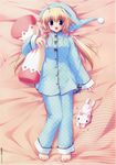  absurdres barefoot blonde_hair copyright_request hat highres ikegami_akane long_hair lying pajamas pillow polka_dot polka_dot_pajamas purple_eyes ribbon solo stuffed_animal stuffed_bunny stuffed_toy toes twintails 