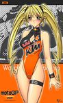  bare_shoulders blonde_hair blush cleavage_cutout green_eyes highleg highleg_swimsuit long_hair moto_gp one-piece_swimsuit r1 race_queen solo swimsuit twintails 