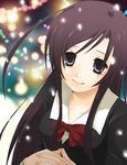  bow christmas katsura_kotonoha long_hair lowres red_bow ribbon school_days school_uniform smile snow solo yuuko_(elmo) 