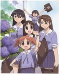  absurdres artist_request azumanga_daiou flower highres hydrangea kasuga_ayumu mihama_chiyo mizuhara_koyomi multiple_girls official_art sakaki scan school_uniform short_twintails snail takino_tomo thighhighs twintails 