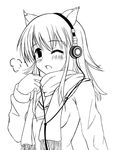  animal_ears cat_ears greyscale headphones kazumasa monochrome original scarf solo 