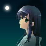  black_hair blush from_behind full_moon green_eyes long_hair looking_at_viewer looking_back lowres moon night night_sky original sky solo touto_seiro upper_body 