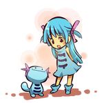  :o arms_behind_back blue_hair blush_stickers dress gen_2_pokemon hitec long_hair looking_down looking_up moemon personification pokemon pokemon_(creature) smile two_side_up wooper zipper 