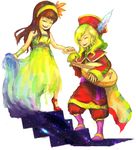  1boy 1girl :d ^_^ ^o^ anna_(ff4) artist_request blush brown_hair cape closed_eyes dress feathers final_fantasy final_fantasy_iv gilbart_chris_von_muir guitar instrument long_hair music open_mouth playing_instrument simple_background smile standing white_background yellow_dress 