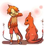  bandaid bandaid_on_nose charmeleon fire gen_1_pokemon green_eyes hitec looking_back male_focus moemon one_eye_closed orange_hair personification pokemon pokemon_(creature) shirt shorts smoke tail 