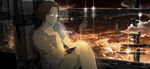  71 ashtray brown_eyes brown_hair cigarette cloud glasses lens_flare original reflection science_fiction sitting sky smoking solo sunset twilight 