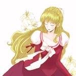  artist_request blonde_hair closed_eyes copyright_request dress floral_background flower gown lily_(flower) lipstick long_hair makeup princess ribbon solo 