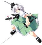  blue_eyes dress dual_wielding fighting_stance flower frilled_dress frills full_body green_dress holding holding_sword holding_weapon katana konpaku_youmu mary_janes sheath shoes short_hair silver_hair simple_background solo spread_legs standing sword tateha_(marvelous_grace) touhou unsheathed weapon white_background 