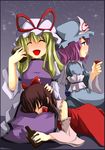  blonde_hair drunk hakurei_reimu hat jinkou_no_kuma lap_pillow long_hair multiple_girls pink_hair ribbon saigyouji_yuyuko short_hair sleeping touhou yakumo_yukari 