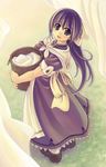  absurdres apron bangs basket blue_hair carrying copyright_request dress eyebrows_visible_through_hair hair_ribbon highres laundry laundry_basket long_hair maid open_mouth ribbon short_sleeves solo standing waist_apron xration 