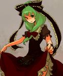  bow dress evil frills front_ponytail green_hair hair_bow iwamoto_zerogo kagiyama_hina skirt skirt_lift solo touhou 
