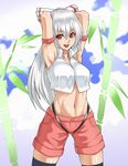  :d arm_strap armpits arms_behind_back bow casual fujiwara_no_mokou hair_bow houtengeki long_hair midriff navel open_mouth red_eyes ribbon shorts smile solo thighhighs touhou white_hair 