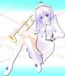  :d beamed_eighth_notes blue_eyes blue_hair eighth_note half_note hat instrument merlin_prismriver musical_note open_mouth shirotsuki_kouta smile solo staff_(music) touhou treble_clef trumpet 