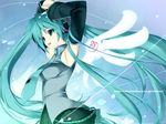  :d aqua_background aqua_eyes aqua_hair armpits arms_up bangs breasts cowboy_shot detached_sleeves detached_wings glowing glowing_wings happy hatsune_miku headphones iizuki_tasuku long_hair looking_afar medium_breasts necktie open_mouth pleated_skirt skirt smile solo twintails vocaloid watermark web_address wings 