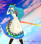  blue_hair chiri_(o9o9) cloud food fruit hat hinanawi_tenshi long_hair peach solo sword sword_of_hisou touhou weapon 