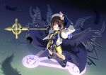  brown_hair hair_ornament kazekawa_nagi lyrical_nanoha magic_circle mahou_shoujo_lyrical_nanoha_strikers schwertkreuz solo staff wings x_hair_ornament yagami_hayate 