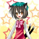  animal_ears bad_id bad_pixiv_id brown_hair cat_ears cat_tail chen earrings hat jewelry knm_(auauaua) lowres multiple_tails orange_eyes solo star tail touhou 