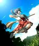  1girl blue_hair broom jumping ketushi original photoshop_(medium) purple_eyes solo 