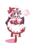  bat_wings blush brown_legwear catbell dress full_body hat kneehighs looking_at_viewer mob_cap puffy_short_sleeves puffy_sleeves red_eyes remilia_scarlet shoes short_hair short_sleeves silver_hair solo standing tareme touhou white_dress wings 