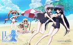  3girls beach beach_umbrella bikini black_school_swimsuit crossdressing day h2o_footprints_in_the_sand kagura_hinata kohinata_hayami multiple_girls official_art one-piece_swimsuit oonishi_takako otoko_no_ko outdoors sandals school_swimsuit side-tie_bikini striped striped_bikini swimsuit tabata_yui umbrella yakumo_hamaji 