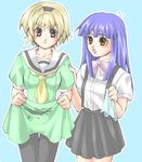  blonde_hair blue_hair bow collarbone dress furude_rika green_skirt hairband higurashi_no_naku_koro_ni houjou_satoko long_hair multiple_girls orange_eyes pantyhose red_eyes school_uniform shirt short_hair skirt suspenders takasuna_akira 