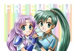  :d aqua_eyes circlet fingerless_gloves fire_emblem fire_emblem:_rekka_no_ken florina gloves green_eyes green_hair high_ponytail holding_hands long_hair lyndis_(fire_emblem) multiple_girls open_mouth pegasus_knight pink_hair ponytail smile umejiso 