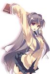  book clannad cowboy_shot fujibayashi_kyou hikarizaka_private_high_school_uniform long_hair onodera_(merrily;maryanne) purple_eyes school_uniform solo stretch thighhighs 