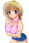  bare_shoulders blonde_hair blue_eyes blush breast_squeeze breasts cleavage covered_nipples denim denim_shorts large_breasts original short_hair shorts solo tank_top ushi_beef 