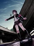  :&lt; arm_at_side armband bandaid bandaid_on_knee black_legwear black_skirt dutch_angle from_below full_body hat highway hitchhiking kneehighs legs_apart looking_at_viewer naitou_takuma necktie original outdoors outstretched_arm overpass purple_hair skirt sky solo standing 