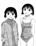  azuma_kiyohiko azumanga_daiou blush bob_cut greyscale kaori_(azumanga_daiou) monochrome official_art one-piece_swimsuit smile swimsuit 