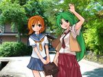  artist_request bag blue_eyes brown_hair green_eyes green_hair higurashi_no_naku_koro_ni long_hair multiple_girls necktie ponytail red_neckwear ryuuguu_rena school_bag school_uniform serafuku short_hair sonozaki_mion 